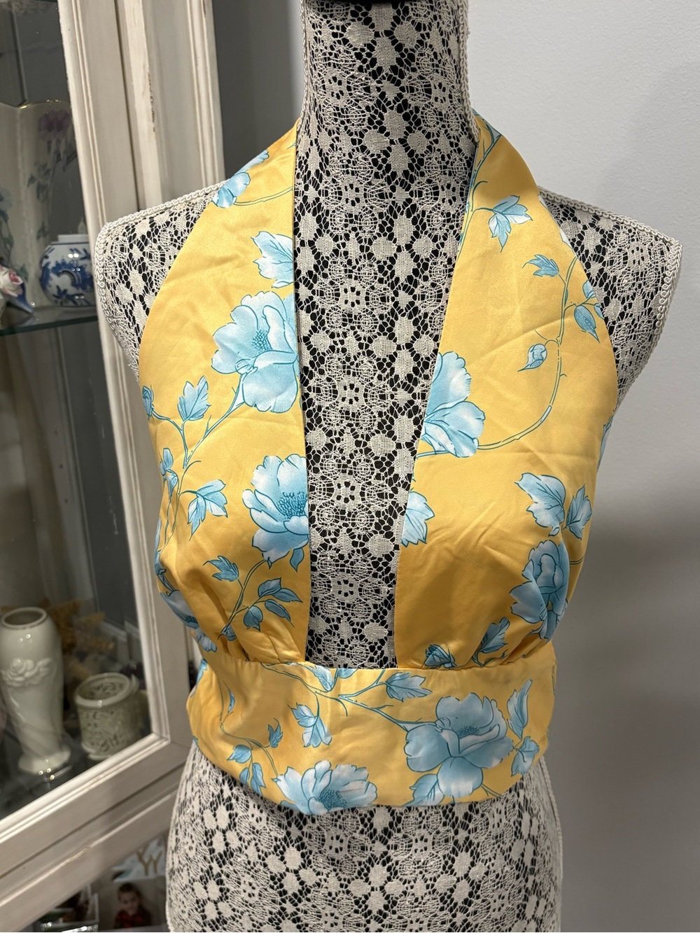 Fashion Nova Yellow Halter Crop Top with Light Blue Floral Print